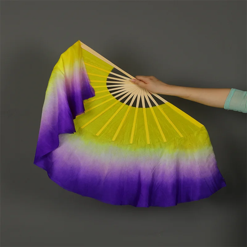 Real Silk Fan Veils 2 Layers Bamboo Folding Fan Double-sided Flowy Gradient Color Yellow Purple  Long Veil Hand Dye Yangko Adult