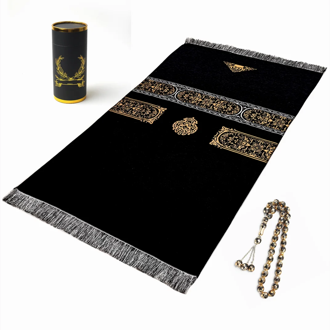 Alfombrilla de oración musulmana portátil lavable de Estilo negro de chenilla, juegos de regalo, 70 × 110CM