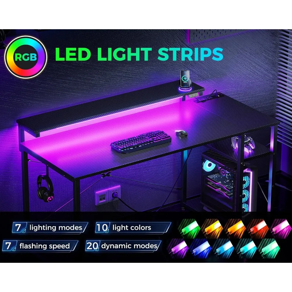 Gaming Desk with Led Lights & Power Outlet, 47 Inch Gaming Computer Desk with Shelves, Reversible Gamer Desk Table with Adjusta