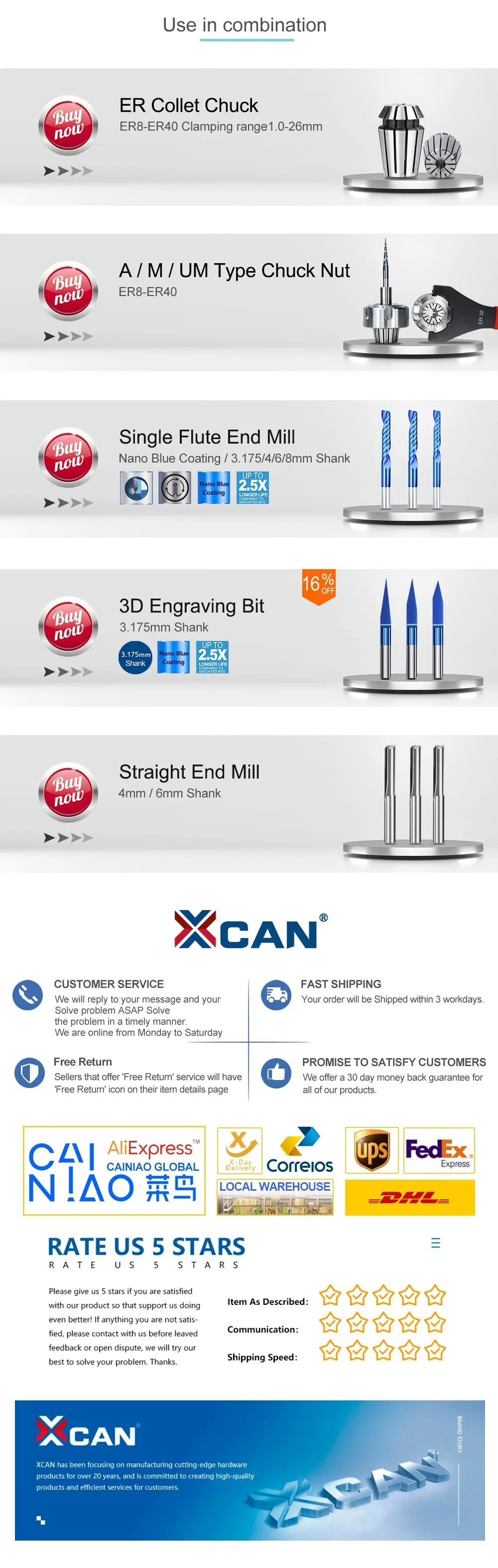 XCAN Einzigen Flöte Mühle 3,175mm(1/8 '') schaft Nano Blau Beschichtet CNC Router Bit Spiral Fräsen Bit für Aluminium Schneiden – Detail 4