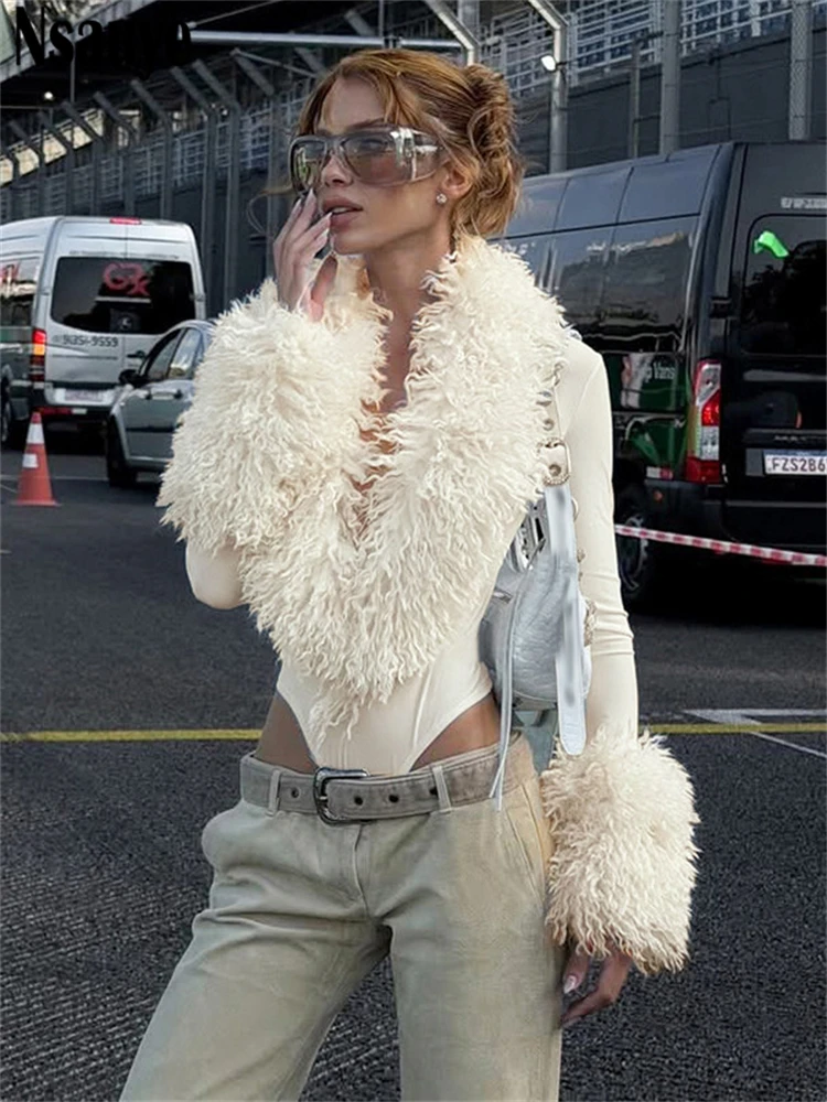 Nsauye High Waist Women Sexy Faux Fur Long Sleeve One Pieces Casual Y2K Bodysuit Tops Overalls 2026 Club Fashion Skinny Rompers