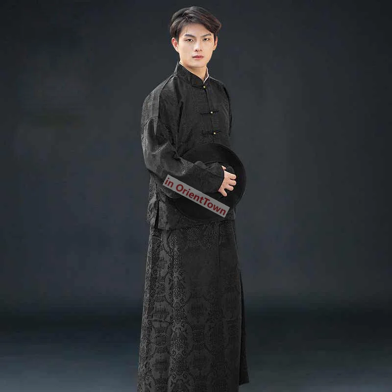 Mens Cotton Linen Gold Red Blue Black Mandarin Jacket + Long Robe Male AD 1900 - 1949 Traditional Chinese Streetwear Tang Suit
