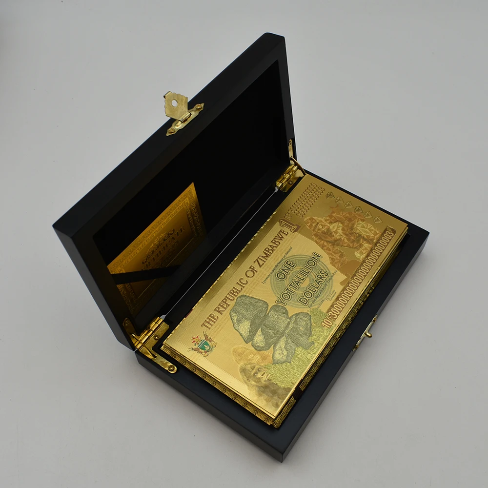 50pcs Zimbabwe One Yottalilion Dollars Gold Foil Banknotes Box Collection Fluorescent Money Fake Money Unique Craft Collection