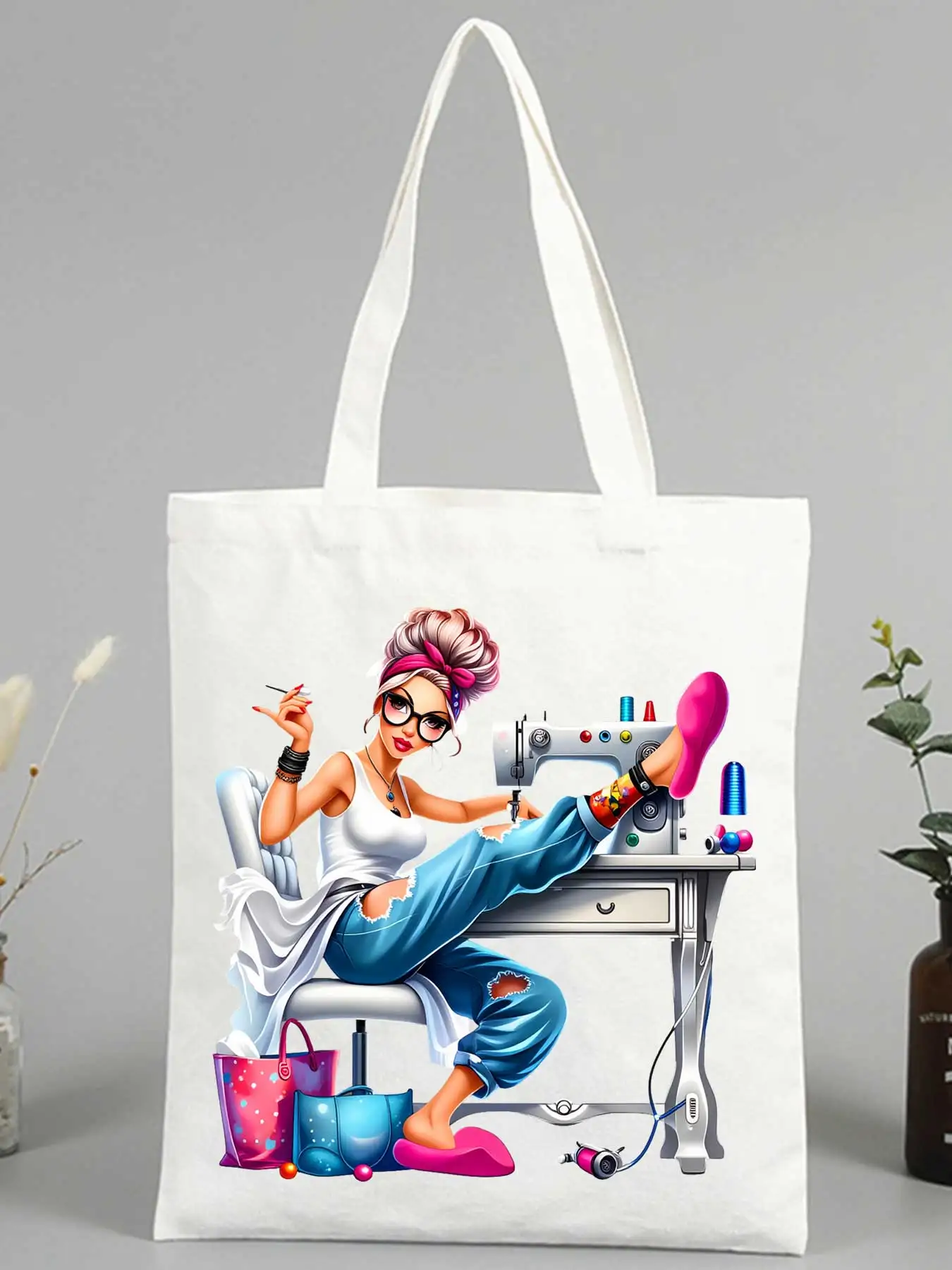 sewing-themed canvas tote bag with artistic print, ideal for casual daily use and craft-inspired outings