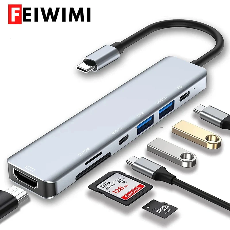 FEIWIMI USB C Hub to 4K HDMI-Compatible USB 3.0 Type C PD Charging SD TF Card Reader Docking for MacBook iPad Samsung Laptop