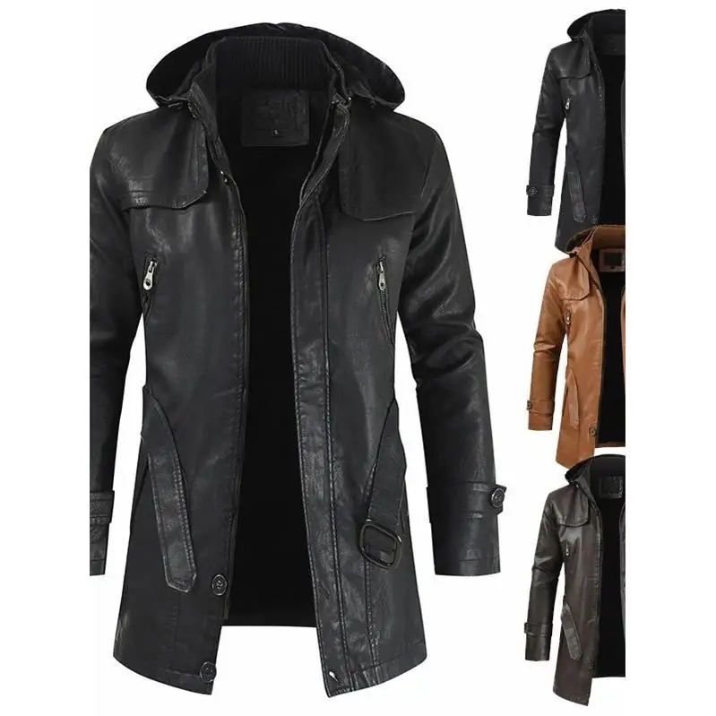 

Men's Fce Lined Leather Jaet Long Sve Faion Urban Sle Motorcycle Coat Medium Length Real Leather Windbreaker Coat