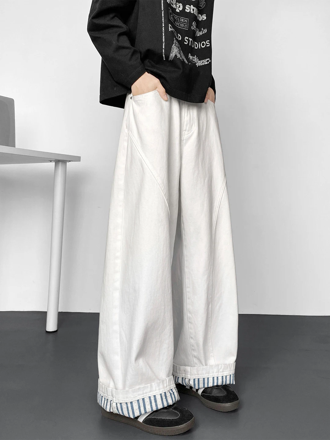 

Свободные прямые джинсы в белую полоску, мужские весенние модные брендовые повседневные брюки с широкими штанинами, свободный крой в американском стиле