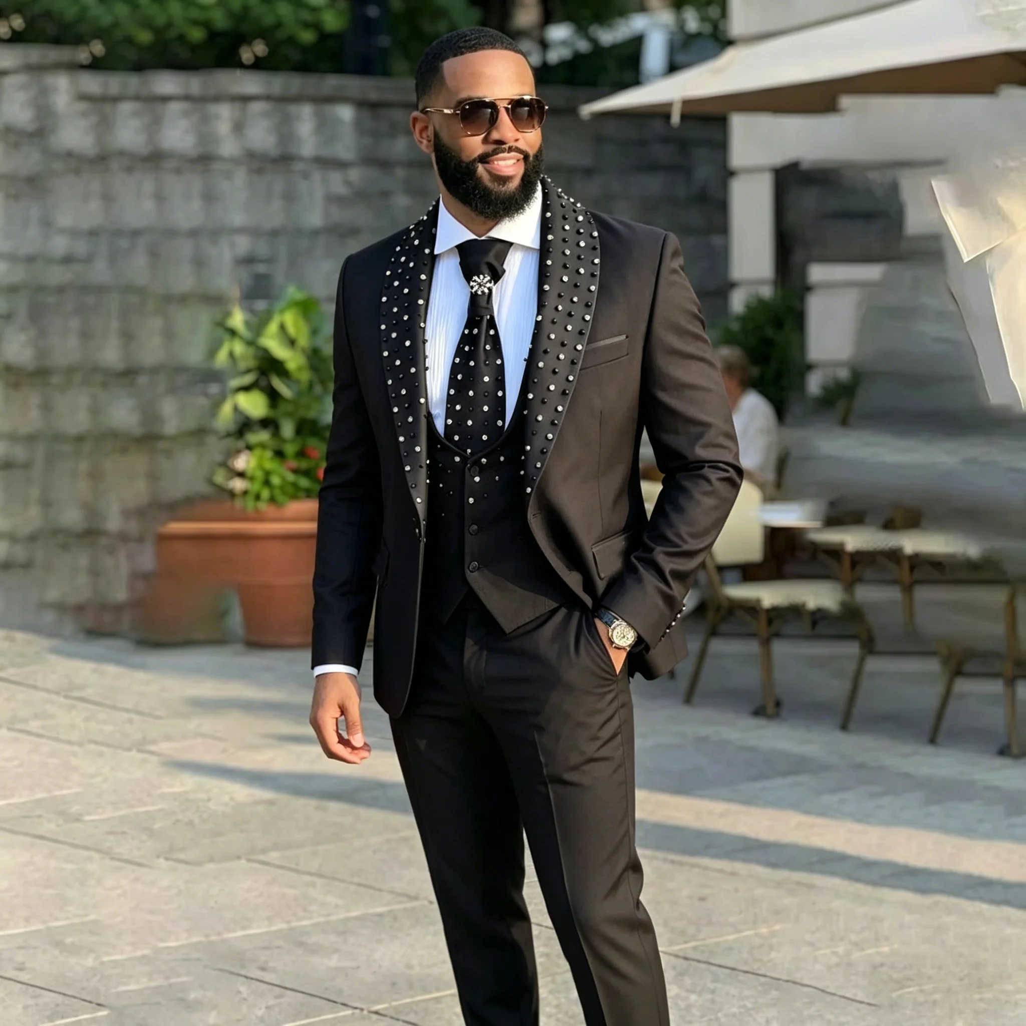 

Luxuly Black Beading Men Suits High-end Groom Wedding Tuxedos 3 Pieces Sets Male Prom Blazers Handsome trajes para hombre