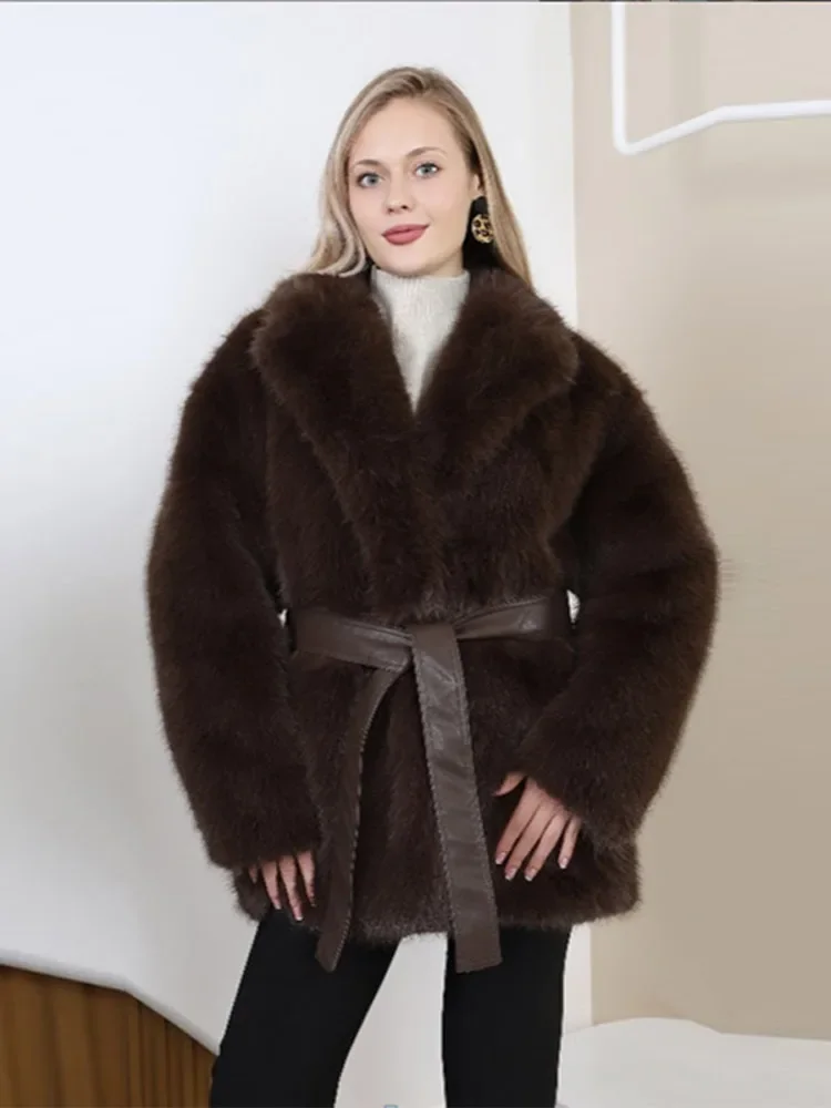 2025 Winter Pluizige Nepbont Lange Jassen Met Riem Vrouwen Chic Revers Dikke Warmte Jas Elegante Straat Dame Volledige Mouw Bovenkleding