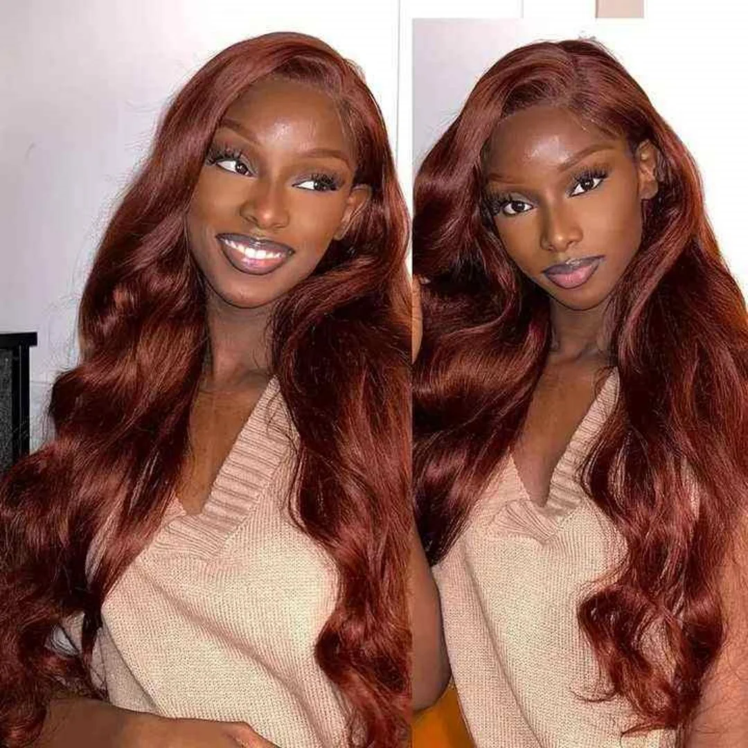 Wig Rambut Asli 13x6 Body Wave Cokelat Kemerahan dengan Lace Frontal, 100% Warna Merah, Pre Plucked, Wig Rambut Asli 13x6 Hd Lace Front