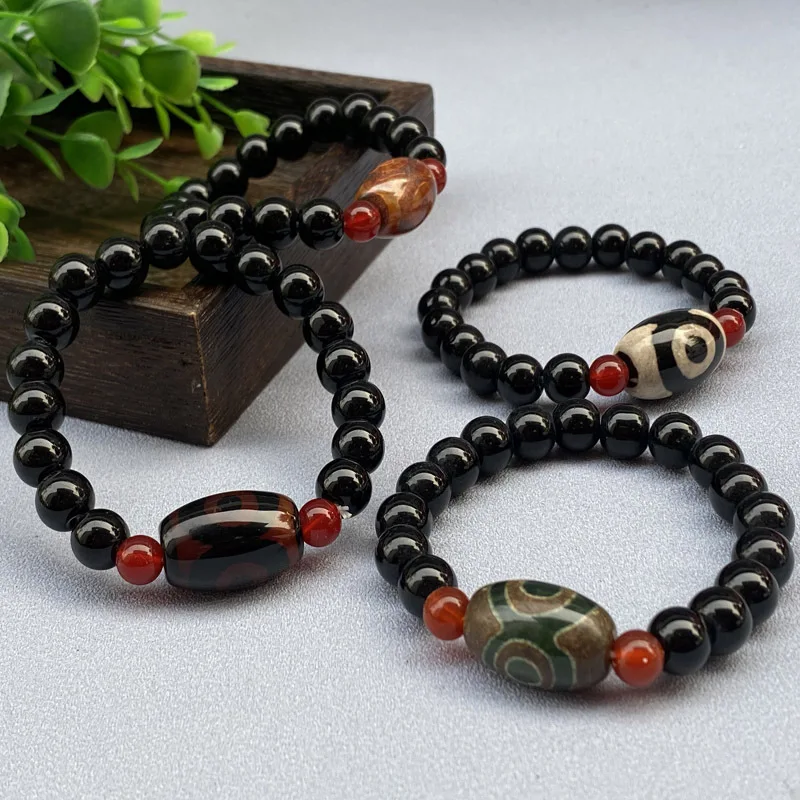 Three-Eyed Dzi Agate Bracelet with Single Barrel Bead, Suitable for Street Stalls, Tourist Attractions, Temple Fairs, Night