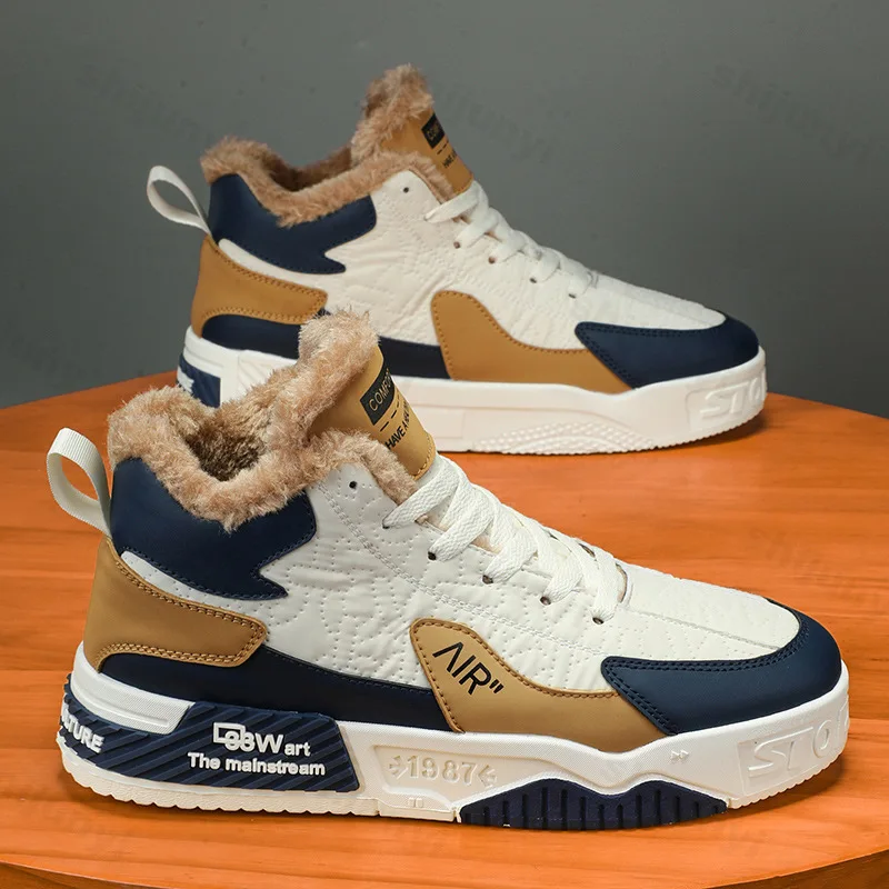 

Winter Men's High-Top Fleece-Lined Warm Cotton Sneakers Casual Trendy Shoes with Thick Sole and Internal Heel Increase for Adult