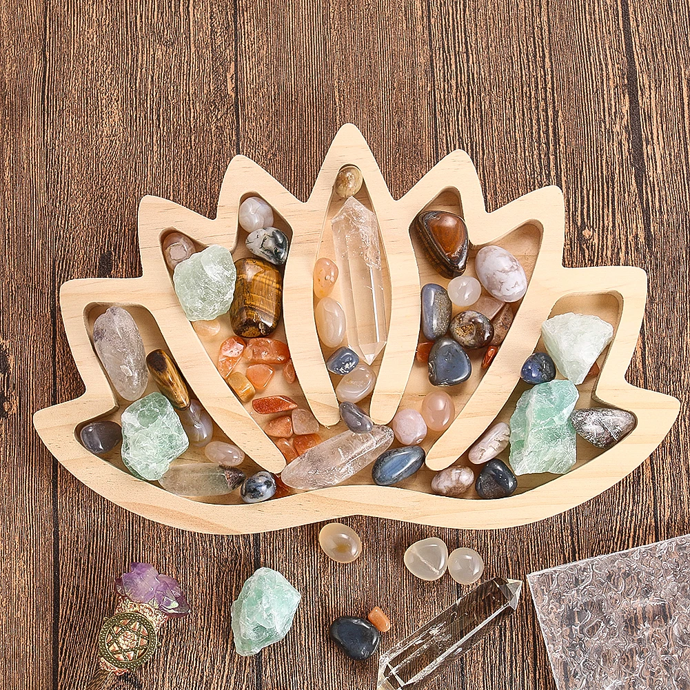 Wooden Crafts Lotus-shaped Jewelry Display Plate Necklace Earrings Tray Crystal Healing Stones Organizer Stand Home Decoration