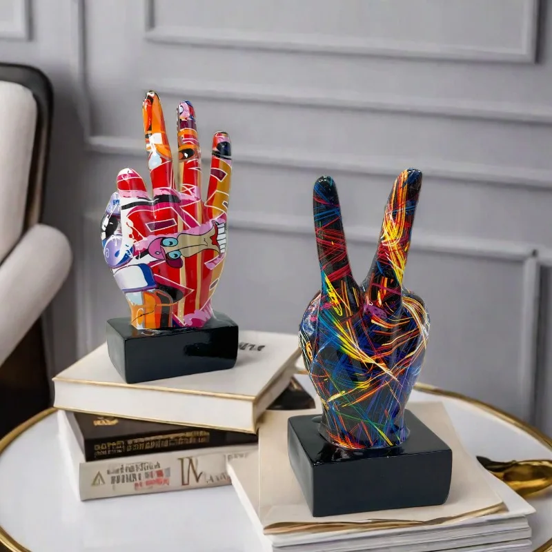 Colorful Graffiti Creative Gesture Statue Ok Victory Thumbs Up Figurine Chinese Style Lucky Ornament For Home Office Desk Living