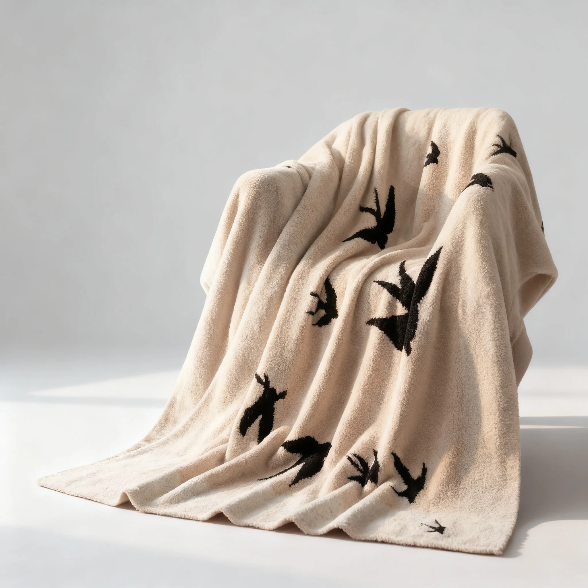 Vintage Swallow Throw Blanket, Cream White Half-Velvet Couch Cover, Mid-Century Modern Sofa Decor, Lightweight Travel Airplane B