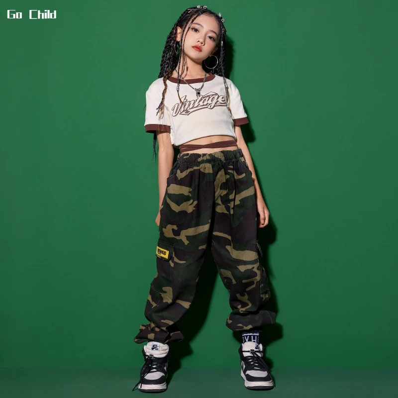 Girls Hip Hop Crop Top Camouflage Cargo Pants Clothes Sets Kids Tie Up T-shirt Street Dance Joggers Children Streetwear Costumes