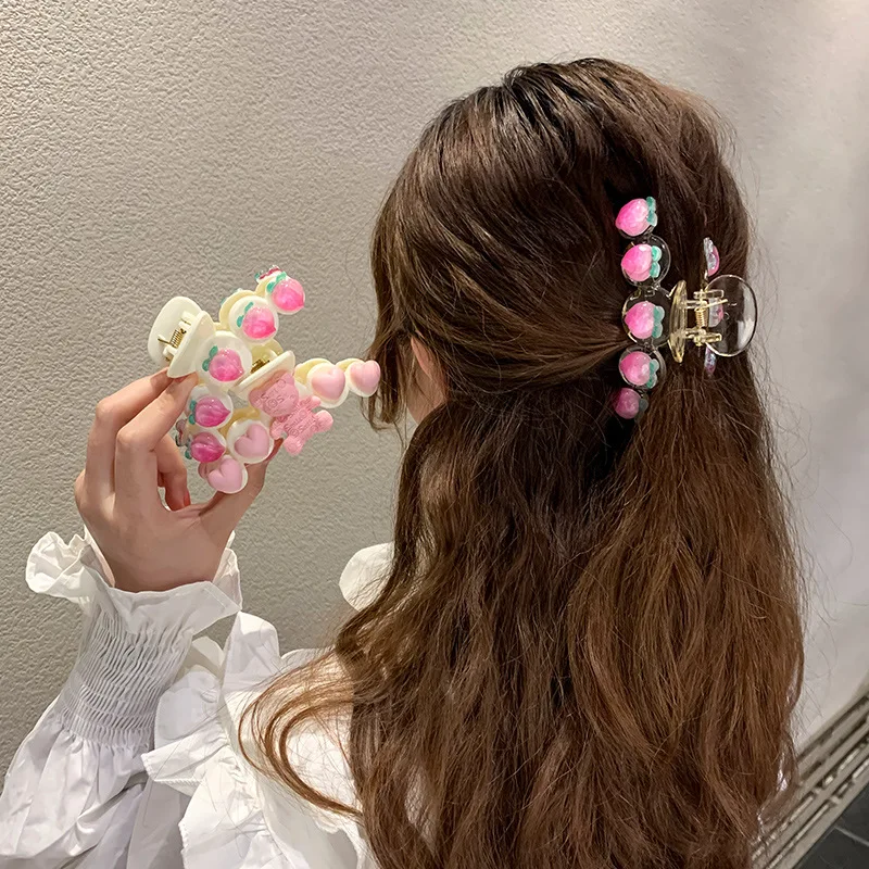 Pink Bear Bow Clip Girl Heart Cute Sweet Cream Back of Head Hair Clip Shark Clip New Hair Accessories