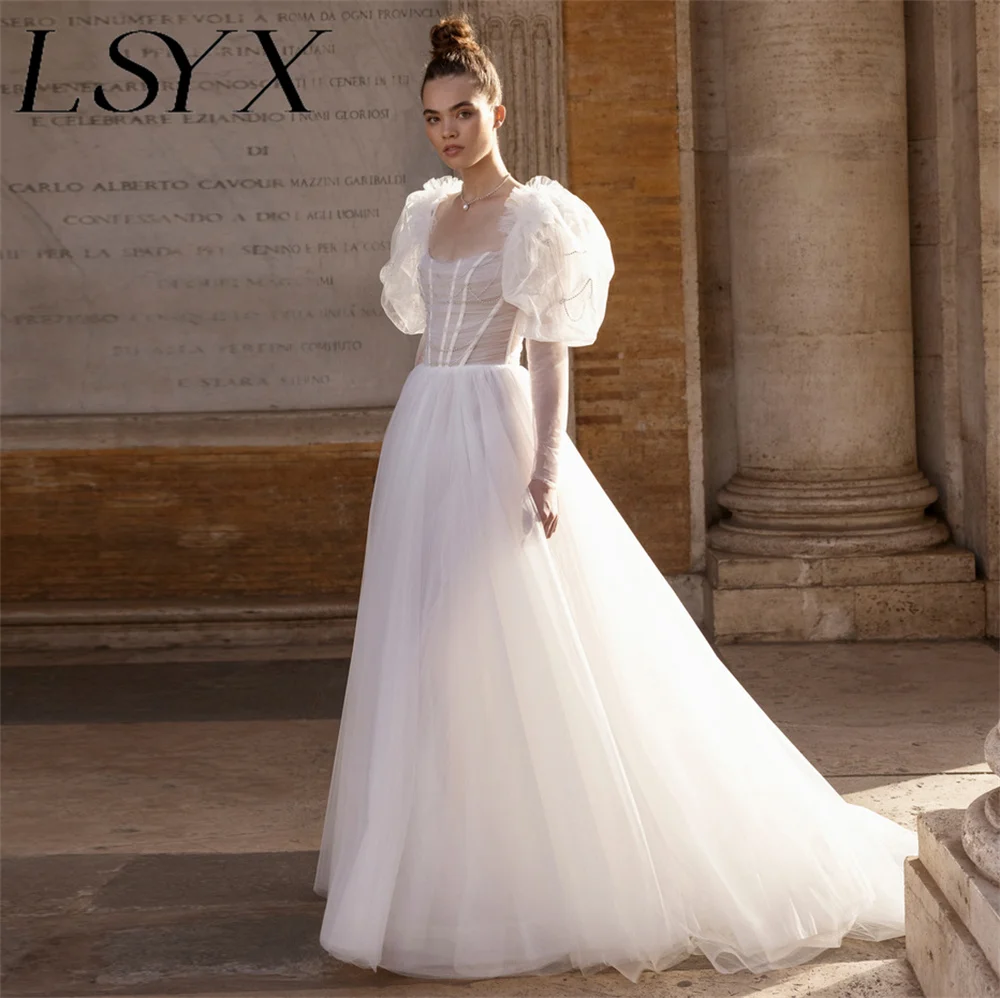 

LSYX Long Puff Sleeves Pleats Square-Neck Tulle Appliques Wedding Dress Open Back A-Line Illusion Court Train Bridal Gown