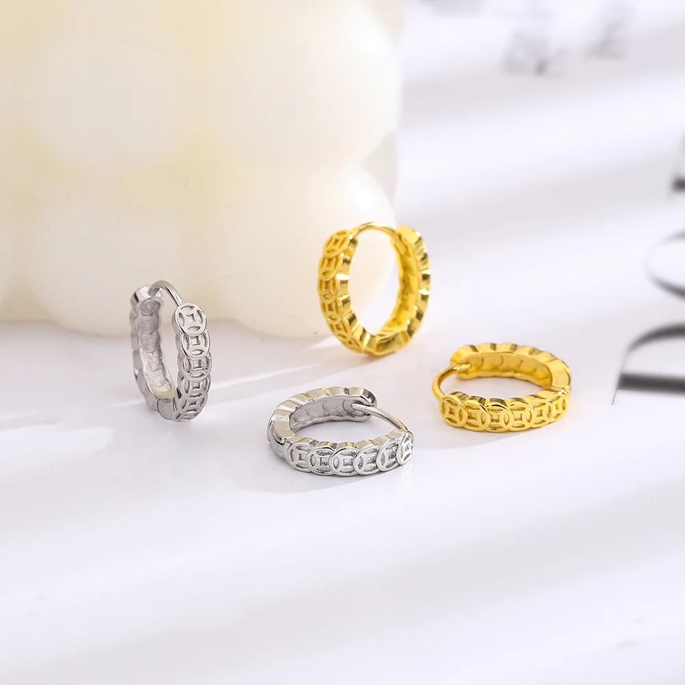 New Trendy Silver Gold Color Hoop Earrings Chinese Coin Lucky Wish For Women Girl Gift Fashion Jewelry Dropship Wholesale