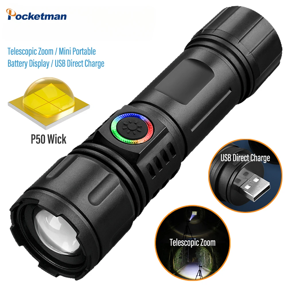 

Super Bright LED Flashlight Rechargeable Torch Outdoor Searchlight Portable Camping Lamp with Telescopic Zoom Outdoor Handlight