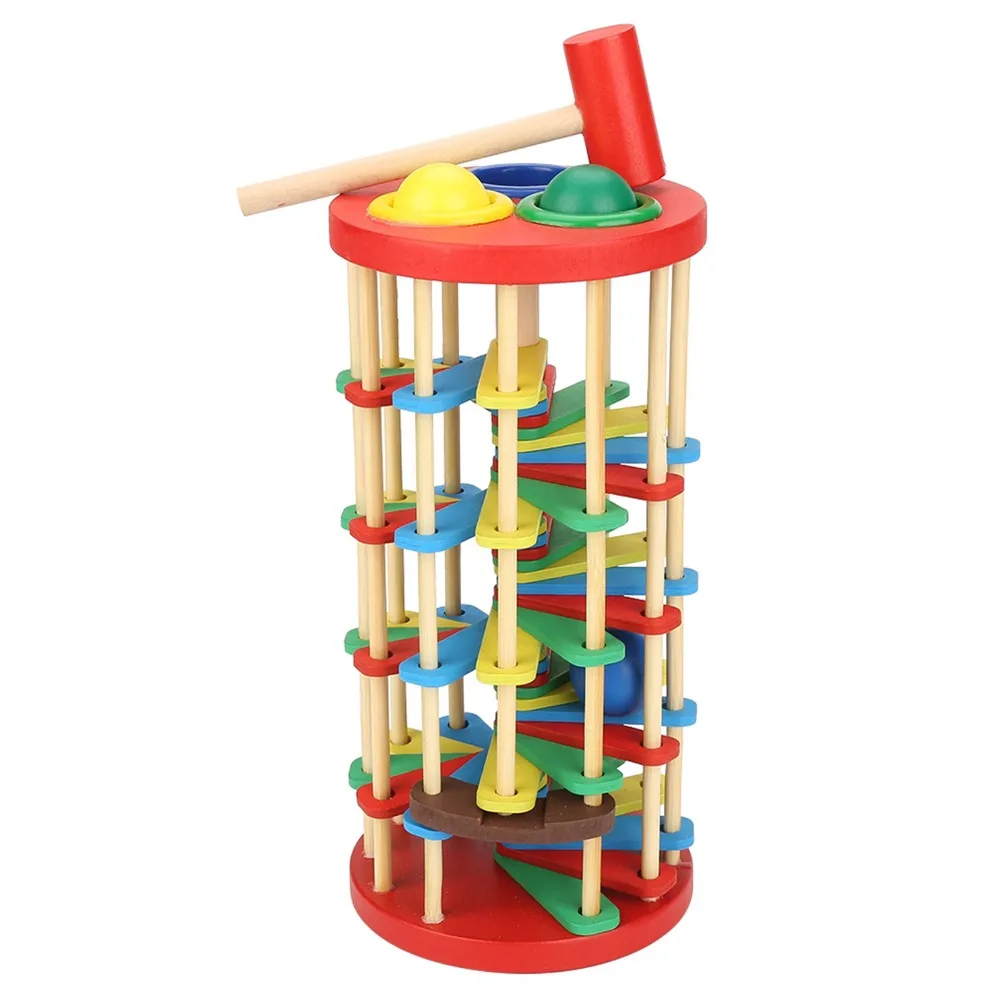 Educational Colorful Knock Ball Intelligence Development Wooden Wooden Ladder Hammer Action Ball Drop Game