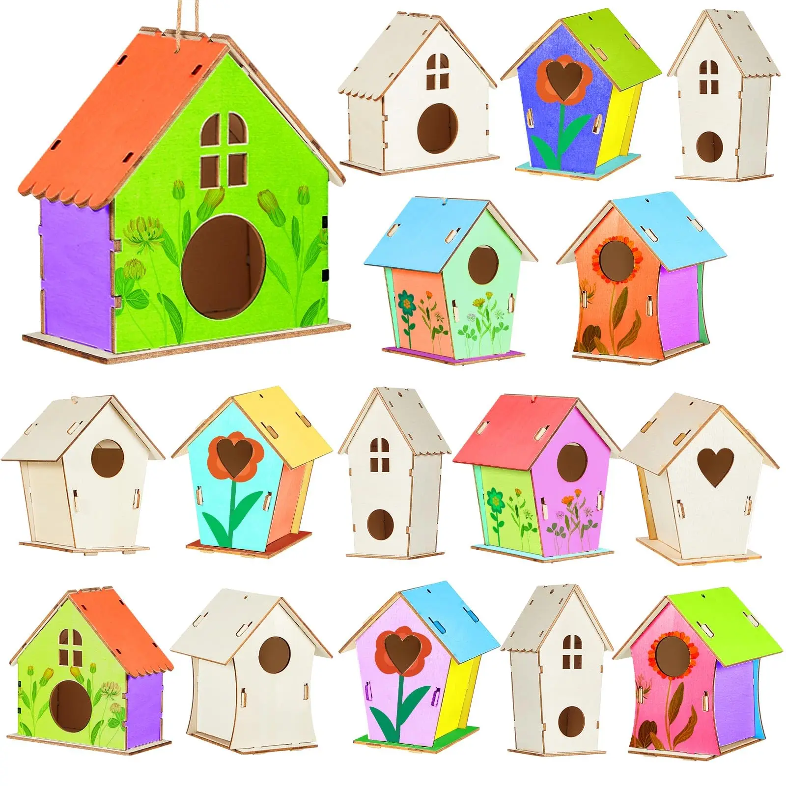 Wooden DIY Bird Nest House Outdoor Unfinished Wood Bird Houses With Hemp Rope Arts Crafts uses for Painting DIY Craft