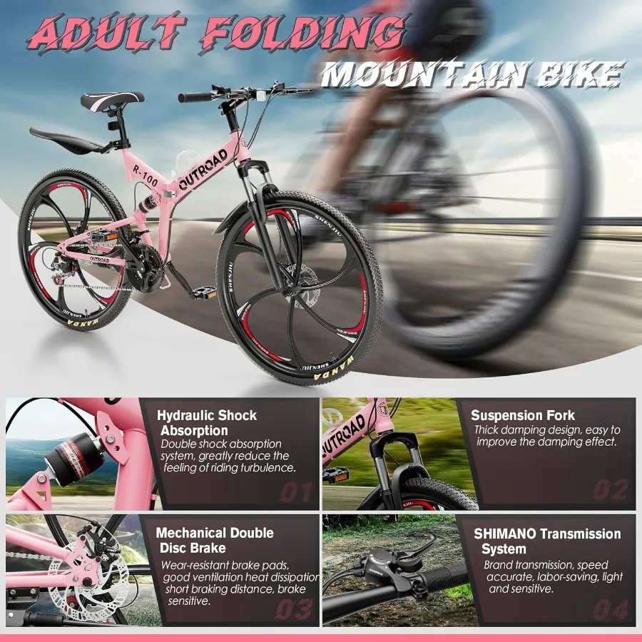 دراجة جبلية قابلة للطي للبالغين مقاس 26 بوصة، 21 سرعة قابلة للطي مع تعليق كامل للتنقل في الحضرية والمغامرات الخارجية H