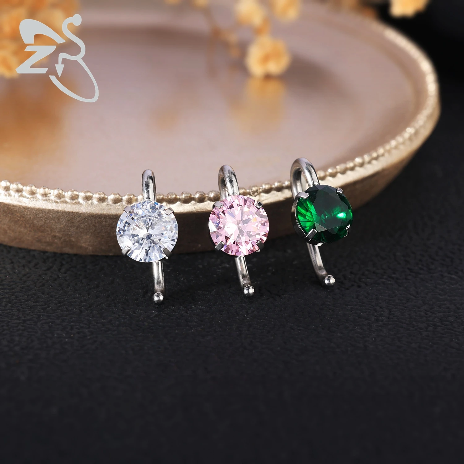 ZS 1 Piece Pink Green Color Round CZ Crystal Belly Button Ring 14G Stainless Steel Navel Piercing Hook Ombligo Piercings Jewelry