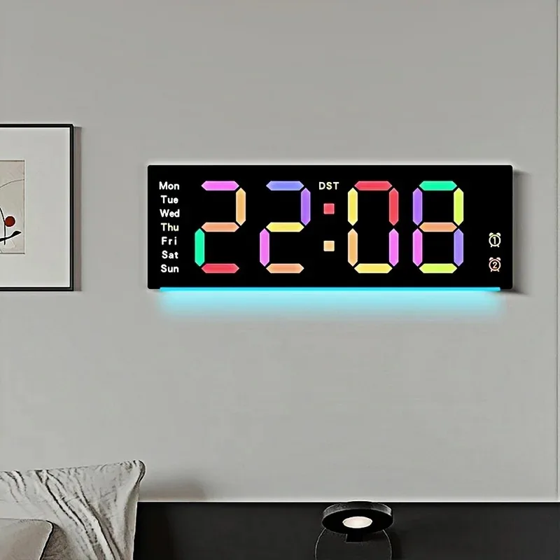 Remote Control Large Digital Wall Clock with 9 Colors Mood Light 2 Alarm Timer Table Clock 12/24H 10 Levels Brightness LED Clock