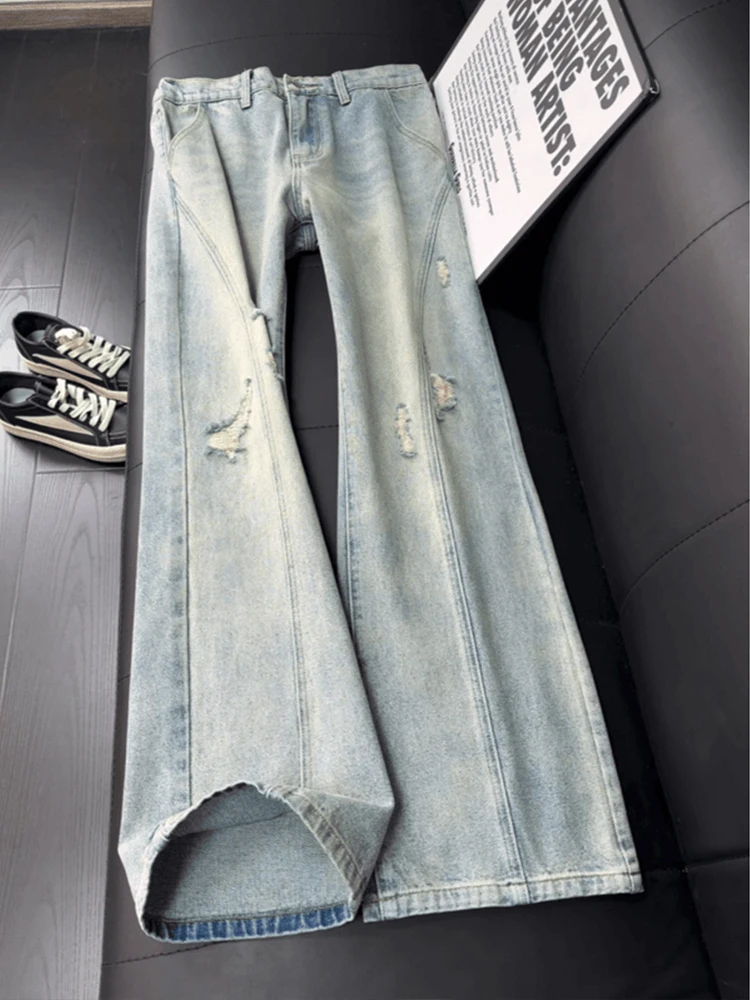 

American Style Vintage Men's Denim Jeans Spring Autumn Cleanfit Straight Leg Diagonal Cut Slimming Flared Long Trousers