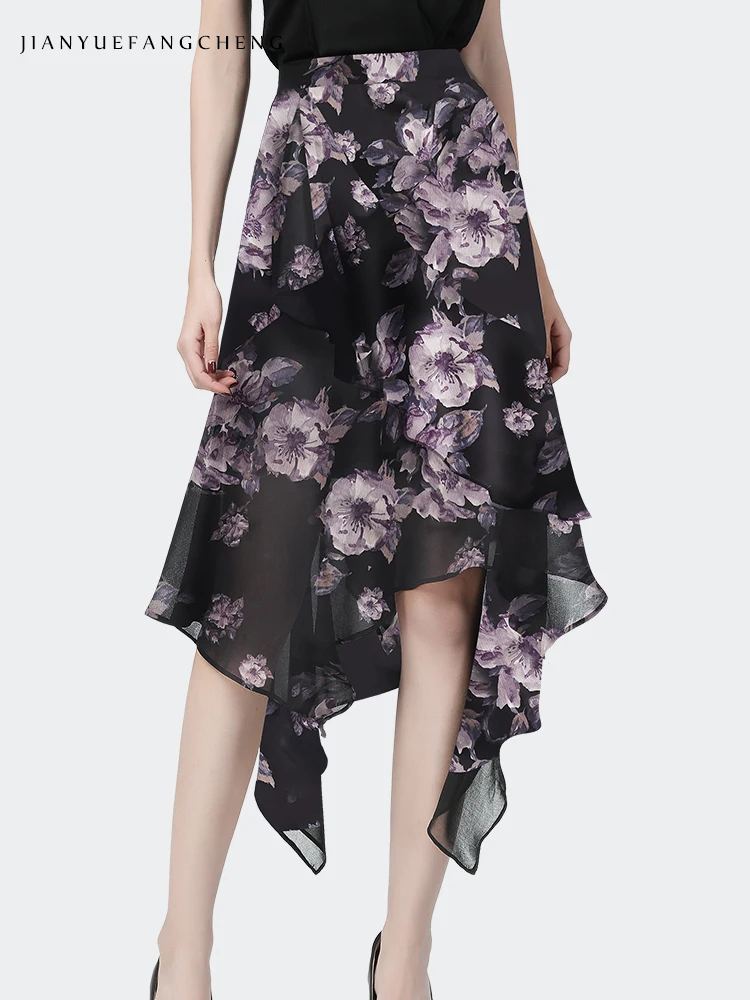 Fashion Women Summer Flowers Printing Black Chiffon Long Skirt High Waist A-Line Irregular Length Elegant Flowy Casual Skirts