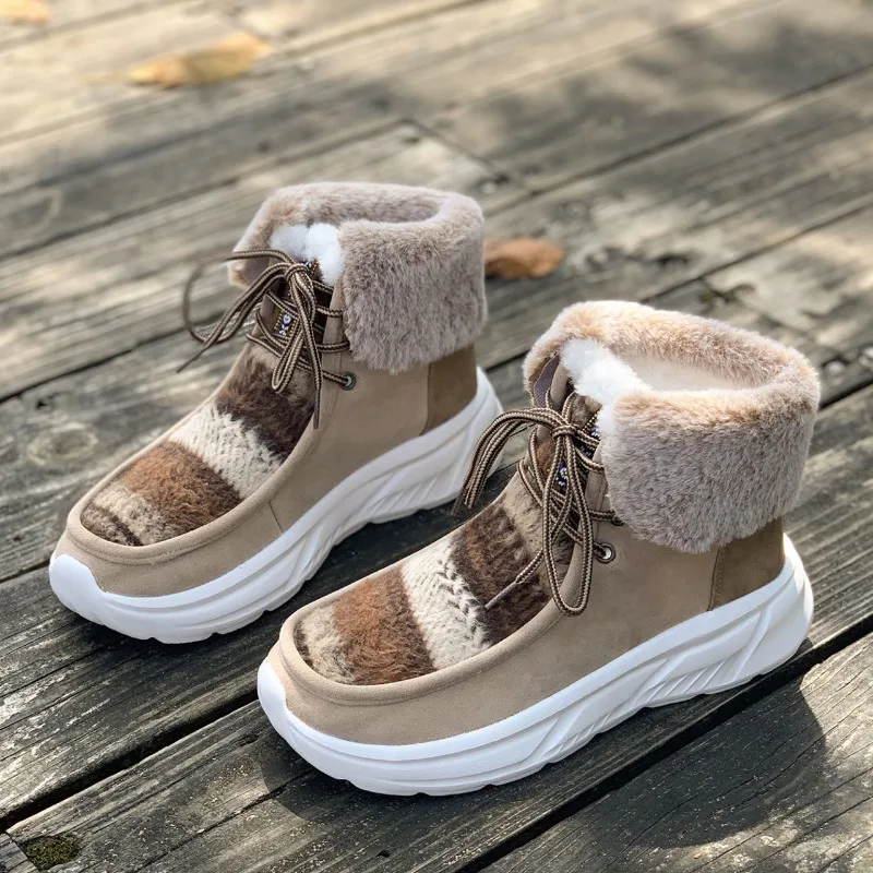 Nordic Style Woman Winter Wool Fleece Warm Boots Casual Lace Up Ankle Fur Shoes Ladies Outdoor Thick Plush High Top Sneakers
