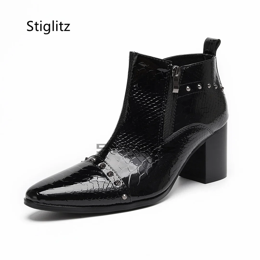 Red Patent Leather Ankle Boots for Men High Heels Rivets Boots British Stylish Pointed Toe Autumn Winter Party Wedding Shoes