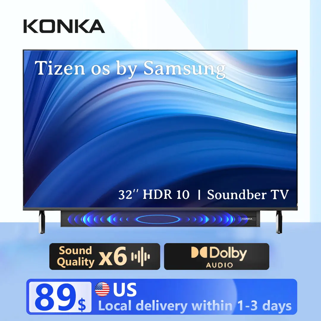 Konka 32 "smart tv tizen os alimentado por samsung barra de som 30w embutida hdr10 v-max display teatro áudio som dinâmico 1y garantia