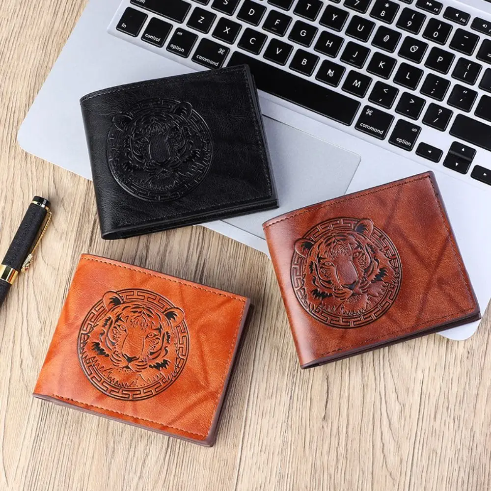 جديد بولي Leather الجلود الرجعية الرجال المحفظة القهوة السوداء اثنين أضعاف جيوب متعددة ثلاثية الأبعاد تنقش النمر رئيس محفظة نسائية للعملات المعدنية الرجال النساء