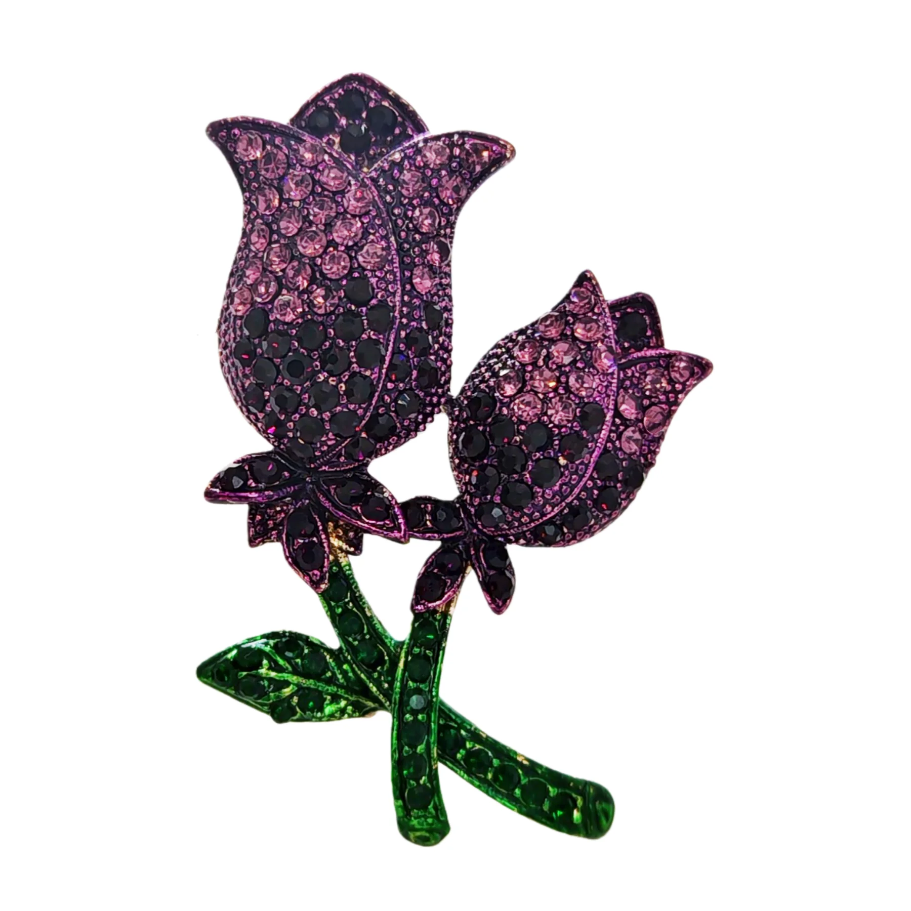 

Vintage Style Double Rose Brooch Pin, Purple Crystal Rhinestone, Green Stem