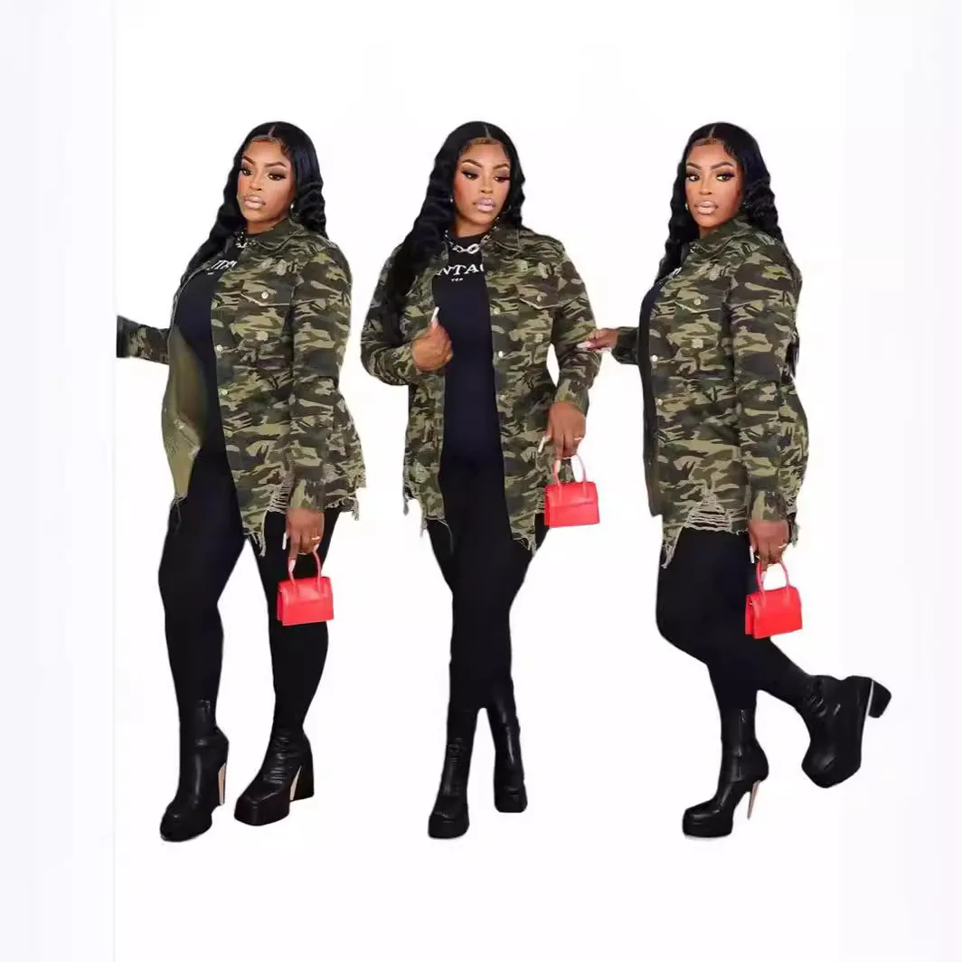 Shirt Coats Women Full Sleeve Tops Jackets Camouflage Casual Coat Turn Down Collar Single Breasted Y2k Streetwear Hole Jacket