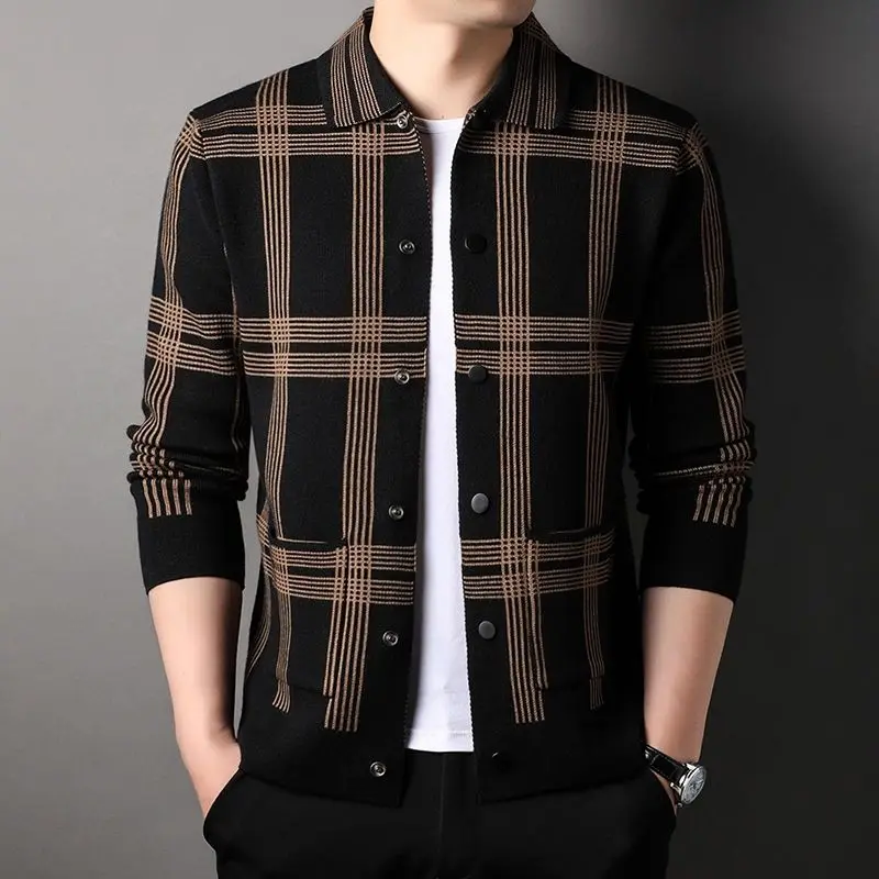 Men Knitted Spring Autumn Thin Lapel Coat Koreon Big Size Elastic Cardigans Casual Argyle Cootrast Color Ingle-breasted Jacket