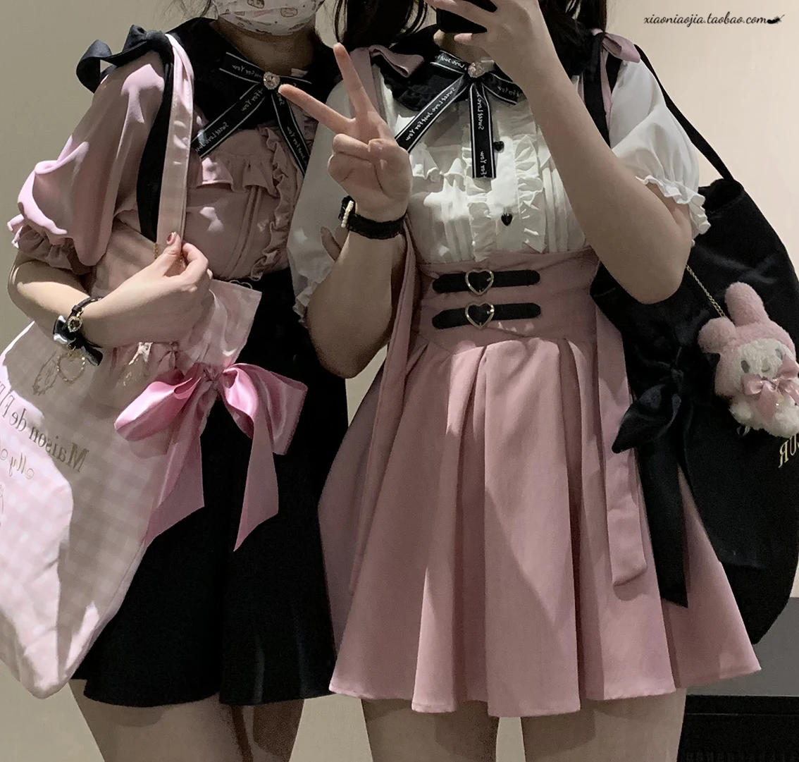 Baju kodok wanita dengan kancing kulit buatan Jepang rok suspender Lolita lucu rok merah muda Kawaii manis anak perempuan musim panas Y2k