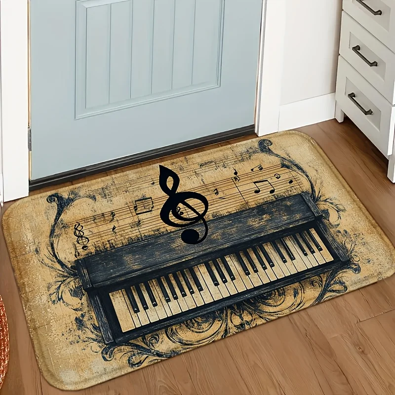 1pc Vintage piano pattern floor mat, machine washable polyester, suitable for bedroom and living room décor.