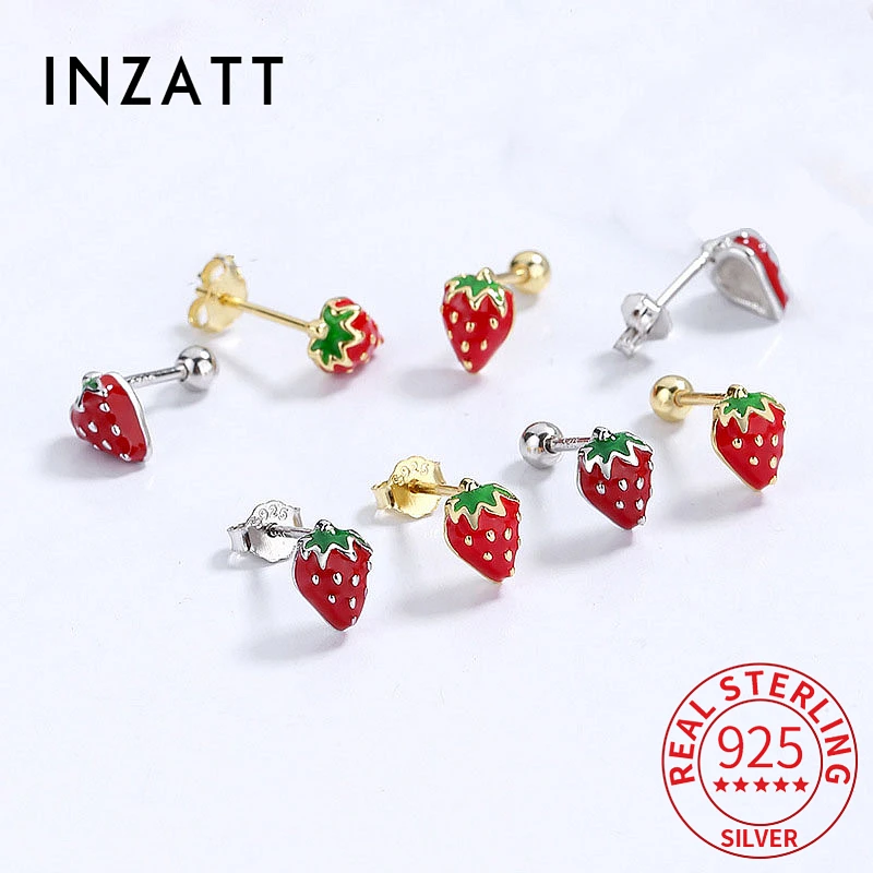 

INZATT Real 925 Sterling Silver Red Enamel Strawberry Stud Earrings for Women Party Cute Fine Jewelry Aretes De Mujer Gift