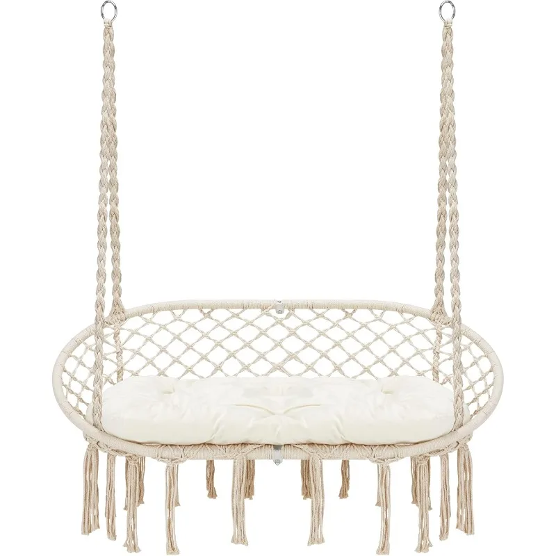 

Chair Macrame Hanging Swing with Cushion,Hanging Cotton Ropes, Metal Frame, 450 lbs Capacity Indoor Outdoor, Patio, Balcony,