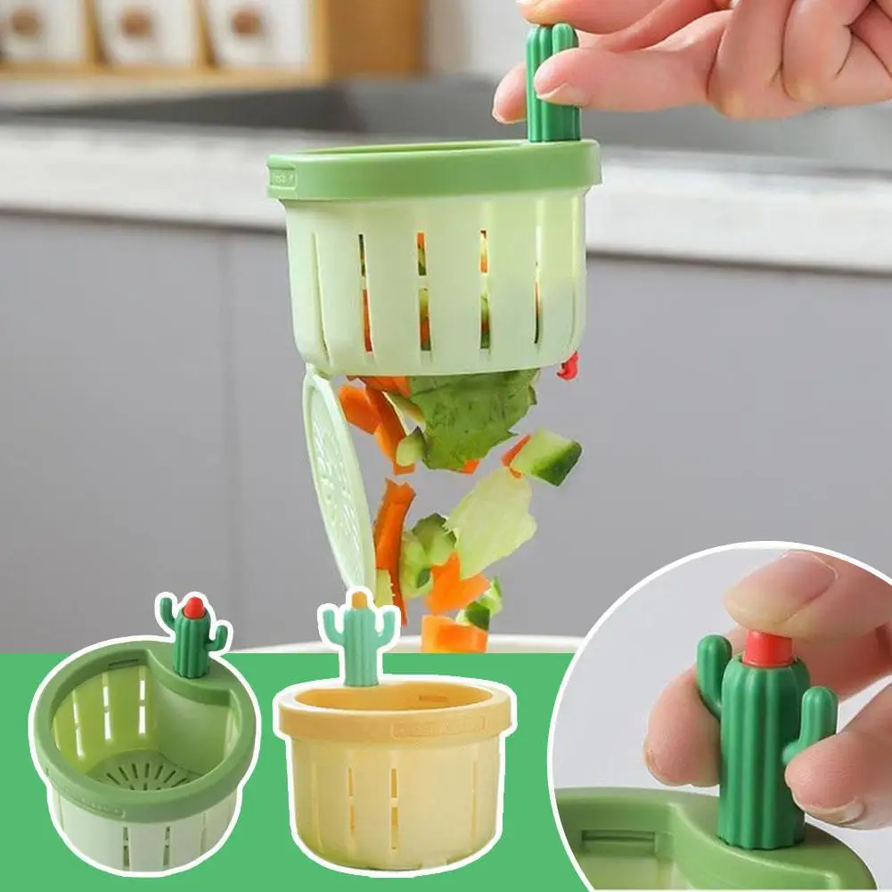 Cute Cactus Sink Drainer With Easy-Lift Handle Anti-Clogging Kitchen Basket Automatic Dumping Basket Food Residual Catcher