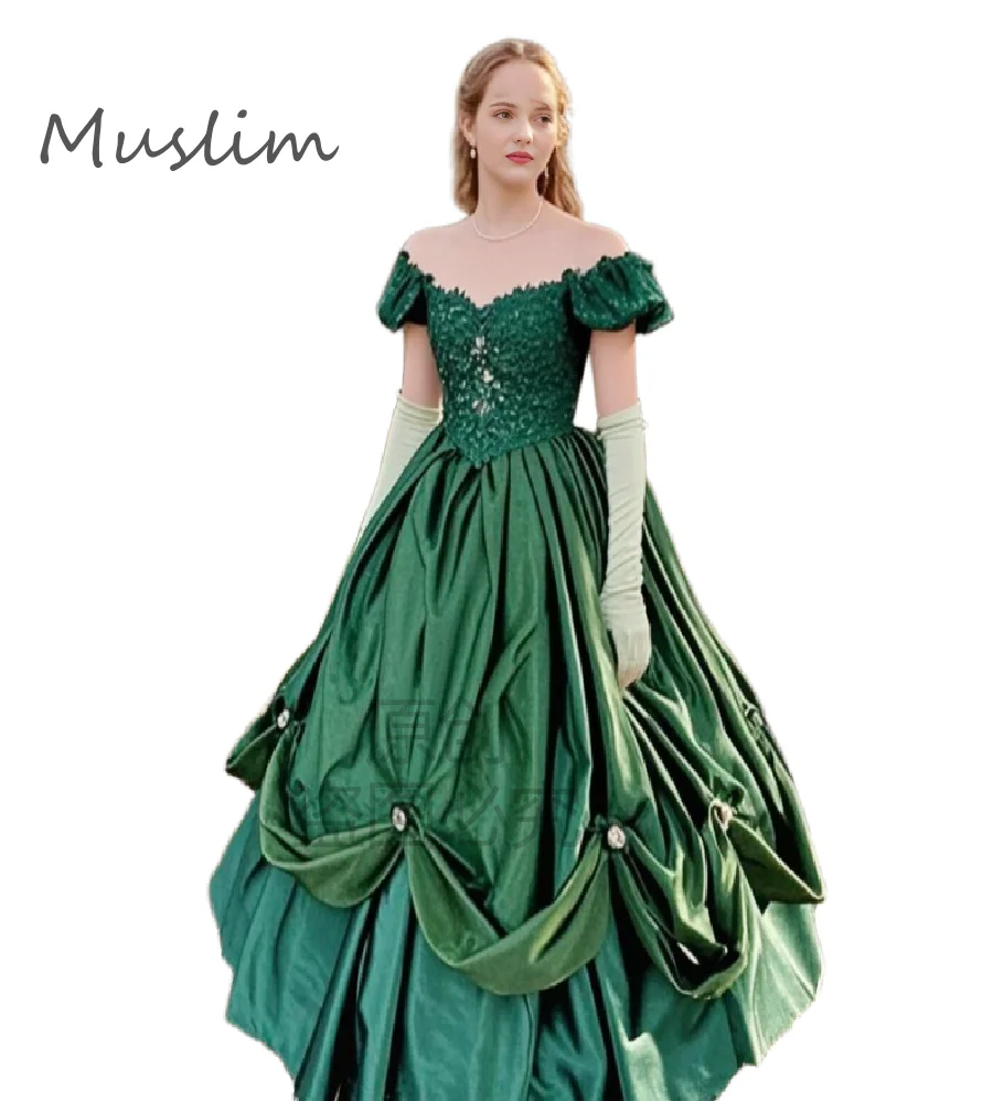 

Retro Green Medieval 1800s Evening Dress 2026 Cap Sleeve Lace Costume Prom Dress Florals Renaissance Formal Occasion Dramatic