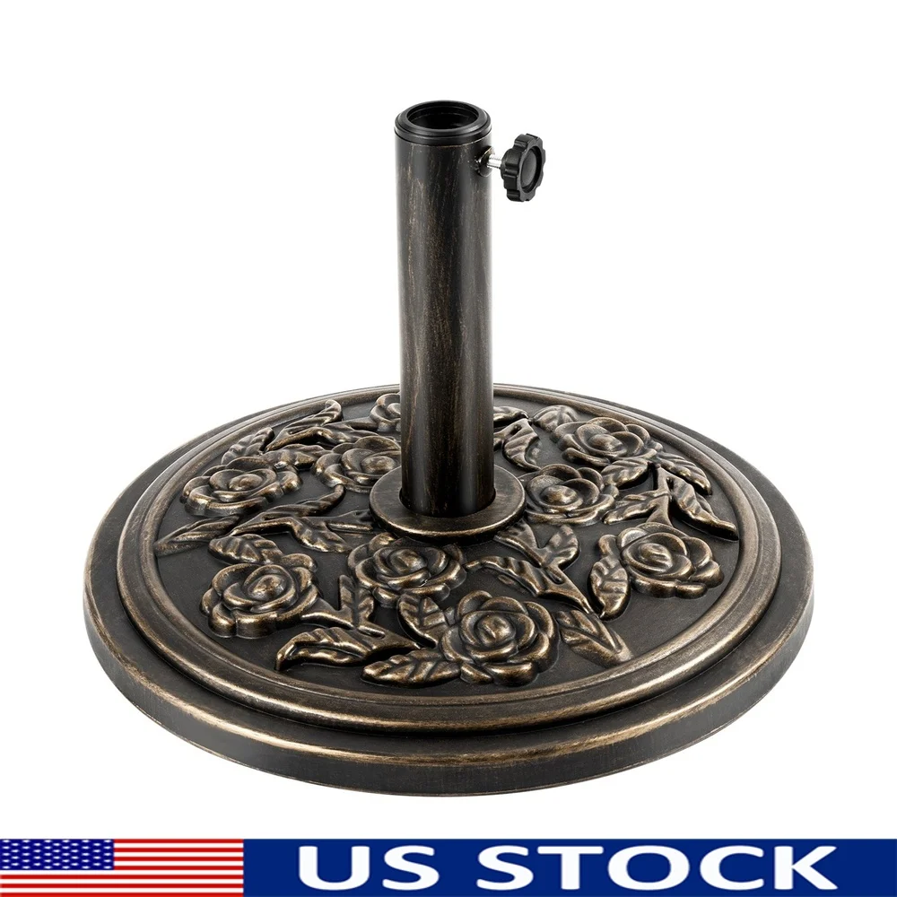 

18 Inch Cast Stone Patio Umbrella Base Heavy Duty Weather Resistant Bronze Finish Includes Adaptors Three Sizes Outdoor Decor