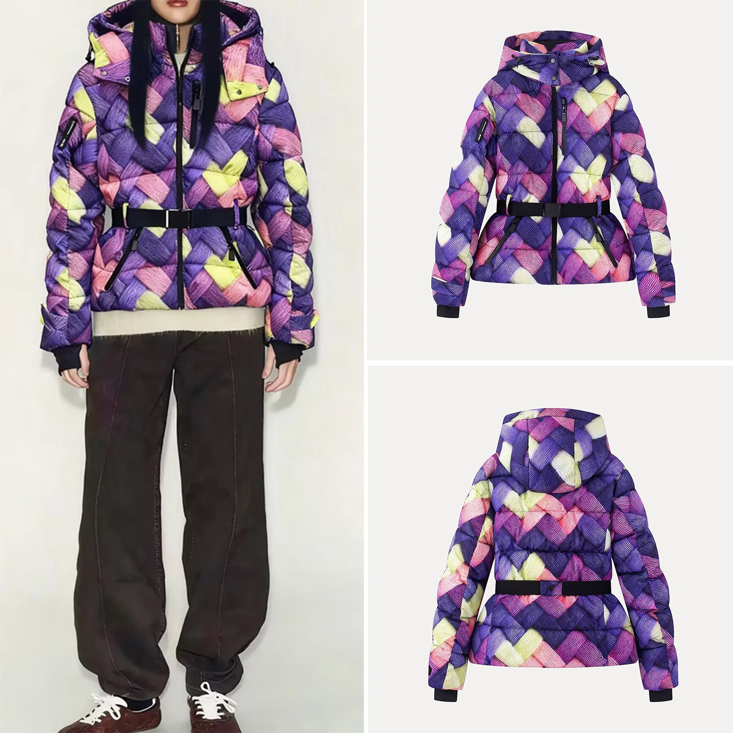 

2025 Autumn New Women's Long Sve Hooded Slimming Ski Suit with Belt Commute Sle Cotton Jaet Straight Cut Zipper Closure