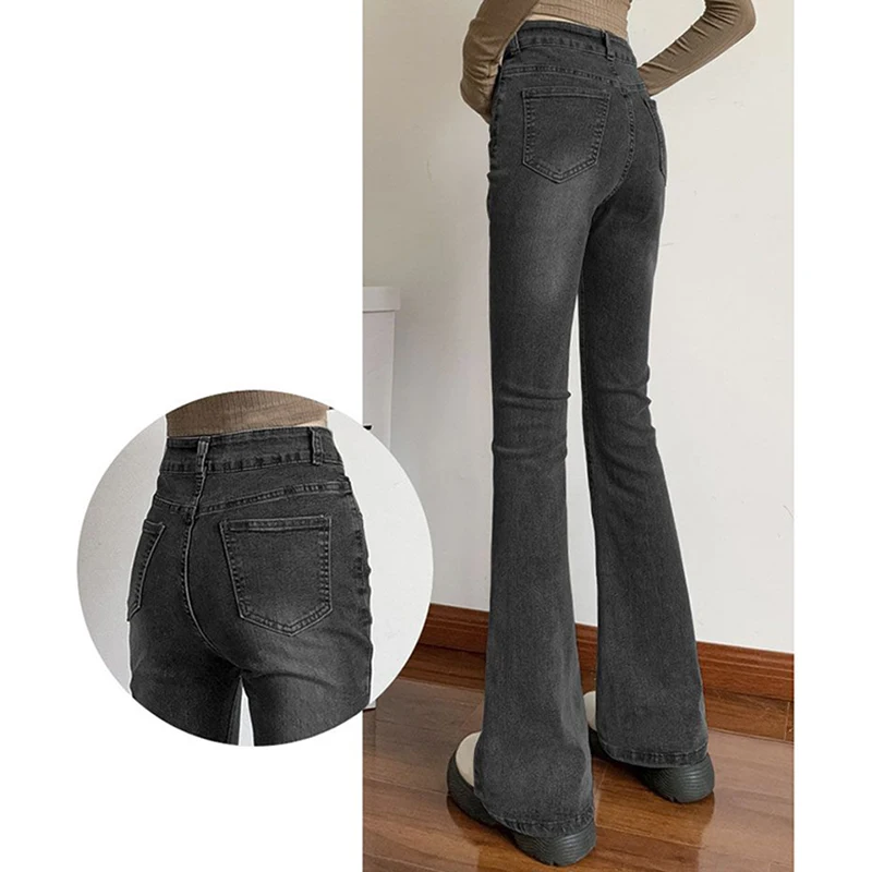Pantalones vaqueros acampanados negros y grises para mujer, pantalones vaqueros clásicos finos de cintura alta, moda coreana, pantalones de pierna recta