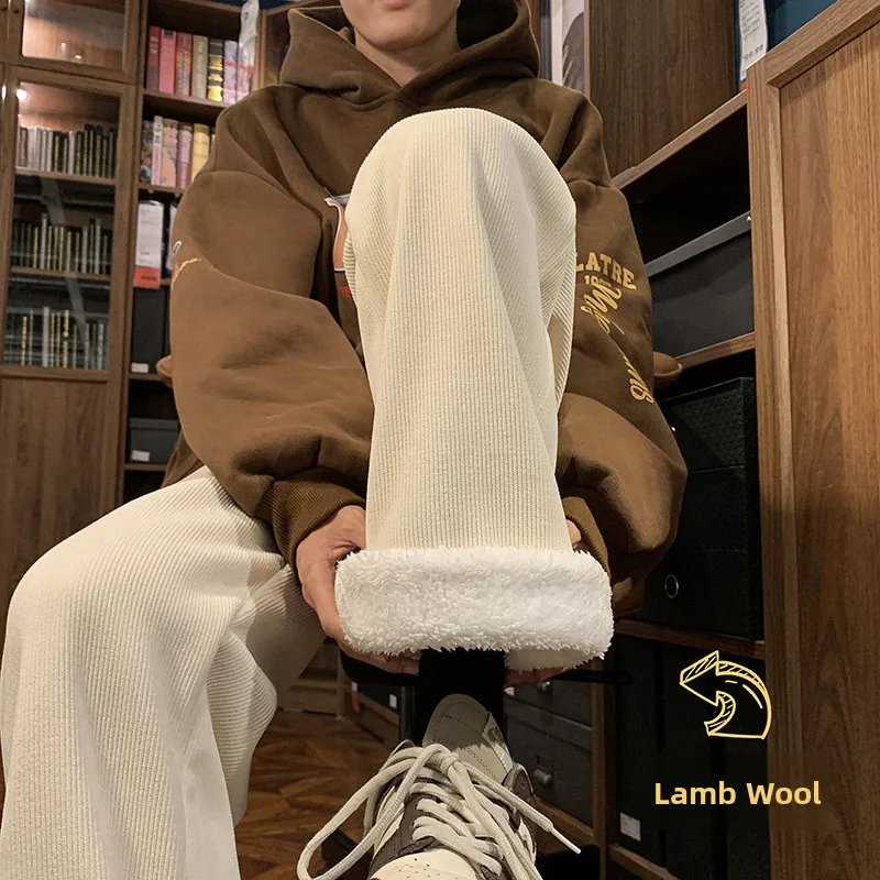 

Lamb Velvet Fce Lined Men's Casual Pants Thiened Autumn Winter Warm Sports Sweatpants Straight Leg Long Trousers