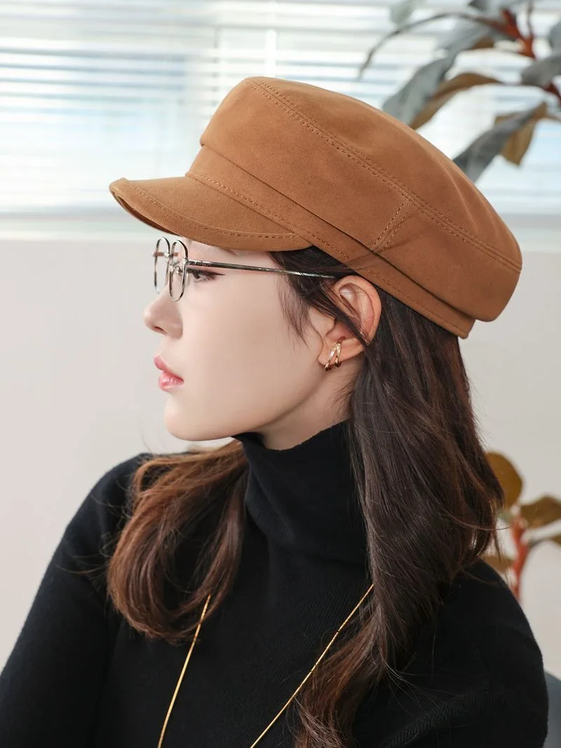 

Fashion Genuine Leather Sheepskin Suede Leather Army Hat Cadet Visor Women Men's Military Caps for Men Student