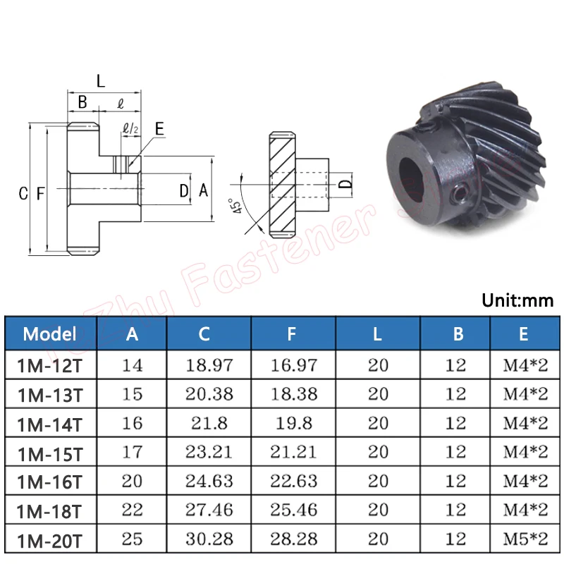 1pc 1M 45 Degree Helical Gear 12 13 14 15 16 18 20 Teeth 45# Steel Gear D Hole 5x4.5/6x5.5/8x7/8x7.5/10x9mm Left/Right Spiral